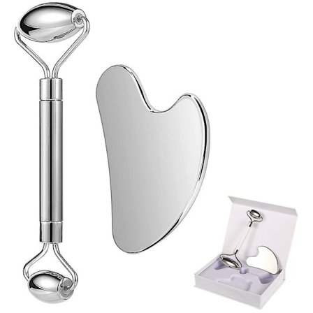 Ansiktsrulle og Gua Sha-sett i rustfritt stål Ansiktsrullemassasje ??T Hudpleierulleverktøy for ansikt, øyne, nakke, lindrer fine linjer og rynker