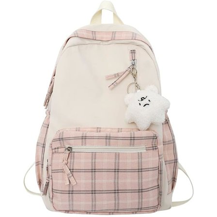 Kawaii Ryggsekk med Anheng Søt Ryggsekk Rutete Estetisk Ryggsekk Skolevesker for Jenter Tenåringer Tilbake til Skolen Ryggsekker