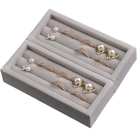 Liten smyckesbricka - ringorganisatör 2 st premium sammet ringar örhängen displaybricka förvaringsinsats hållare för smyckeskrin, låda, byrå (grå)