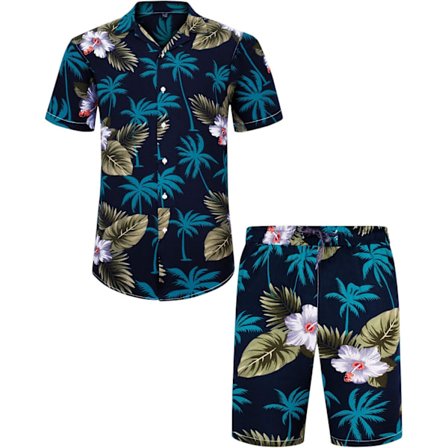 Herre Hawaiiskjorte og Shorts Sæt Regular Fit Kortærmet Casual Funky Strand Flamingo Skjortesæt M