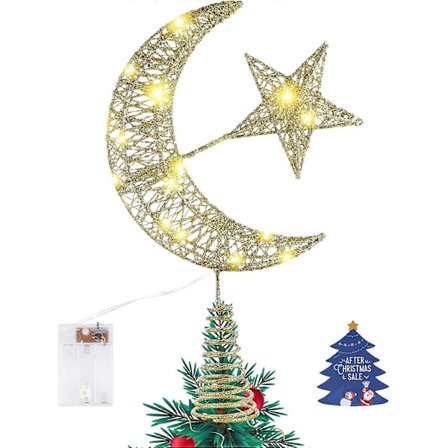 Julestjerne til juletræ, juletræstop måne- og stjerneformede dekorationer, festlige skinnende dekorative tilbehør, smuk traditionel indretning