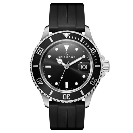 Tide II | Montre de plongée en acier inoxydable argenté avec mouvement à quartz, cadran noir, bracelet en caoutchouc noir & loupe cyclope pour hommes 