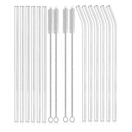 12 stk. Gennemsigtige Genanvendelige Glasstrå, Uknuselige Glasstrå 6 Lige og 6 Buede
