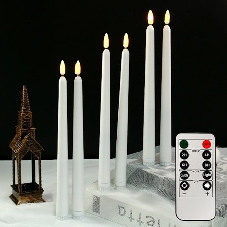 Elfenbensfarvede flammeløse lys, 6-pak, fjernbetjent lang stanglys, stearinlys til fødselsdage/jul/halloween/ca