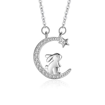 Søte kanin smykker, 925 Sterling Sølv Kanin anheng Halskjeder Halvmåne Dyr Smykker Jul Bursdagsgave (med gaveeske) (FMY)