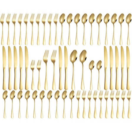 Bestikksett for 12 personer, 60-delers gullbestikk, høyglanspolert og oppvaskmaskinsikkert, elegant bestikk, gull, med kniv, gaffel, skje, for hjemmet