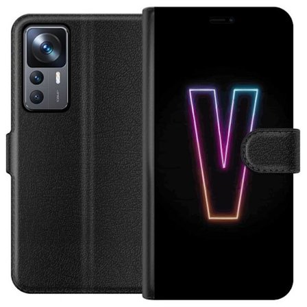 Kompatibel Tegnebogsetui til Xiaomi Xiaomi 12T Pro Neonbogstav V i farvegradueret lys mod sort baggrund, minimalistisk design med tydelig glød og mod