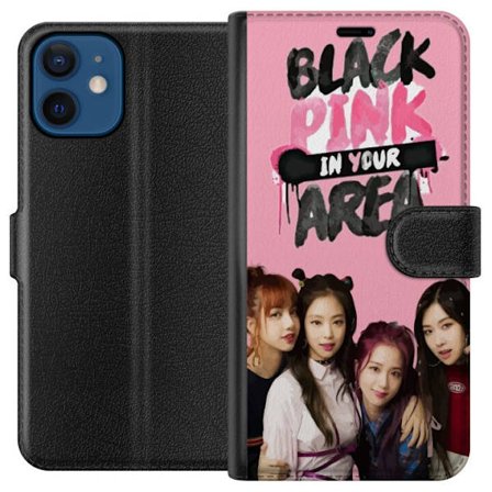 Yhteensopiva Lompakkokotelo Apple Apple iPhone 12 mini BLACKPINK In Your Area, jossa ryhmäkuva Lisa, Jennie, Jisoo ja Rosé vaaleanpunaisen taustan e