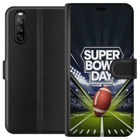 Yhteensopiva Lompakkokotelo Sony Xperia 10 III Super Bowl Day juliste, jossa amerikkalainen jalkapallo valaistuksella varustetulla areenalla dramaatti