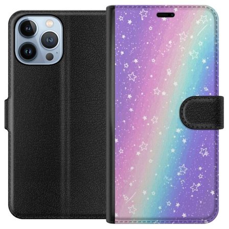 Kompatibel Tegnebogsetui til Apple iPhone 13 Pro Max Rainbow-farvet pastelbaggrund med hvide stjerner og glitrende prikker i blød overgang