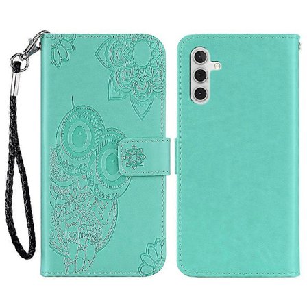 Til Samsung Galaxy A26 5G Etui Ugle Blomst Præget Læder Cover Wallet med Rem - Grå