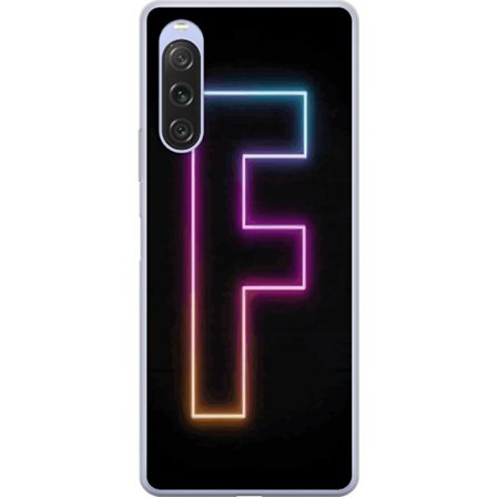 Kompatibel Mobilcover til Sony Sony Xperia 10 V Neonbogstav F i lyserød, blå og gul lyskanter mod en mørk baggrund, grafisk bogstavillustration med