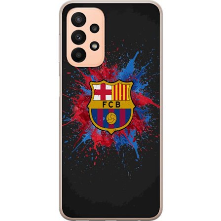 Yhteensopiva Puhelinkuori Samsung Galaxy A23 Barcelona Splash taideteos, jossa on FC Barcelonan tunnus punaisena, sinisenä ja keltaisena sekä roiskeit