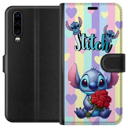 Kompatibelt Lommeboketui til Huawei P30 Romantisk illustrasjon av Stitch som holder røde roser mot stripet bakgrunn