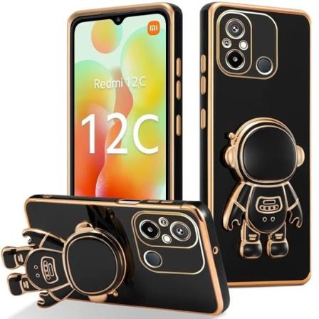 Silikonetui til Xiaomi Redmi 12C - 11A sort anti-ridse med justerbar støtte 3D Astronaut