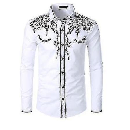 Western Cowboyskjorta för män Broderad långärmad Casual Slim Fit Button Down-skjorta white XL