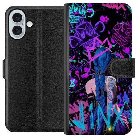 Yhteensopiva Lompakkokotelo Apple Apple iPhone 16 Plus Värikäs graffitipiirustus, jossa on sinipäinen hahmo urbaanissa katutaidetyylissä