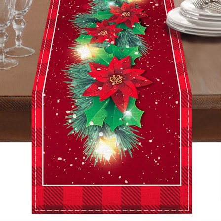 Rød juledug 183 x 33 cm, med julestjerner, kristtjørnblade og snefnugprint, til julefrokostdekoration