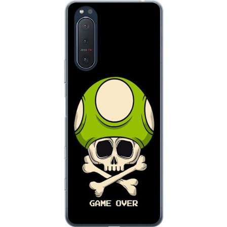 Yhteensopiva Puhelinkuori Sony Sony Xperia 5 II Pelimotiivi, jossa on kuolonsyöjä ja vihreä sieni retro pelityylillä ja tekstillä game over