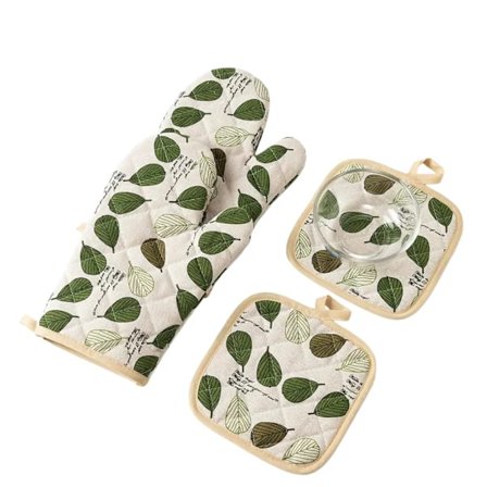 Bomulds Varmebestandige Grydelapper & Grydelappesæt med Hængeløkker, Grønne Køkkenhandsker til Bagning & Madlavning (4-delt) grenn[co]