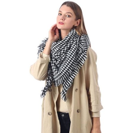 Dame Sort og Hvid Rutet Sjal Stor Plaid Akryl Uld Lang