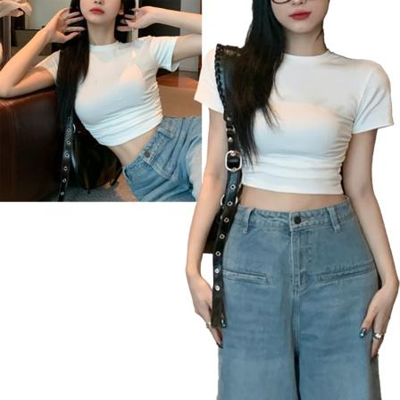 Kvinnors kortärmad skjorta, tight rund hals, fashion sommar slim fit topp för liv, arbete, vit, fri storlek