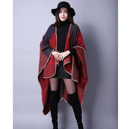 Kvinners Vinter Reversible Oversized Teppe Poncho Cape Sjal Cardigansrød