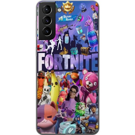Samsung Galaxy S21+ 5G Genomskinligt Skal Full of popular skins, weapons, llamas, Victory Royale symbols, and colorful details from the game's univers