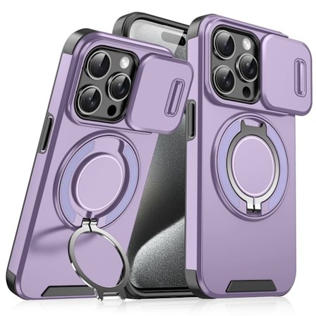 iPhone 16 -puhelin kotelo puhelintelineellä ja linssinsuojalla, violetti.