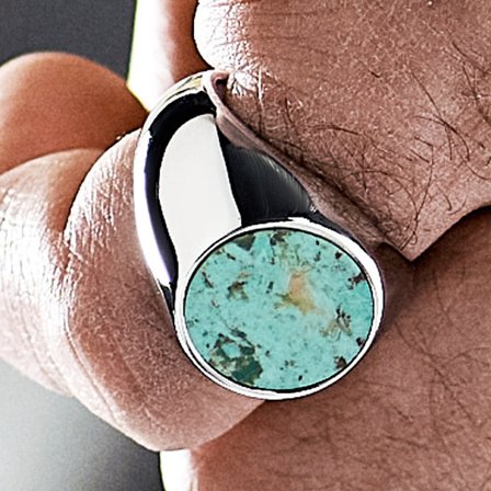 Aras | Anillo sello para el meñique de acero inoxidable plateado con crisocola para hombres - Anillos con piedras