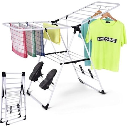 COSTWAY Tørrestativ i Metal, 19 Stænger, 4 Skoholdere - Tøjstativ med 2 Niveauer, Stor Tørreflade