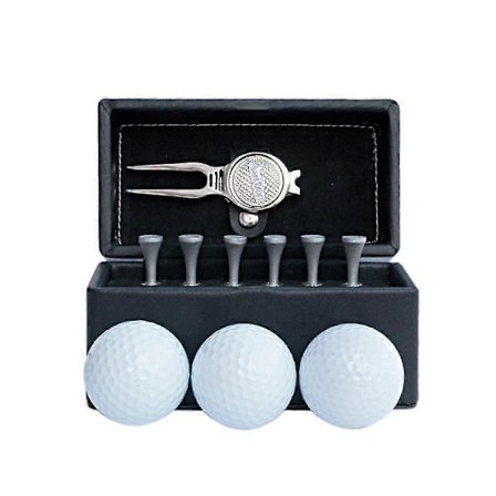 11-delt Golf Gaveæske med 6 Golf-Taks, 3 Golfbolde, 1 Græsreparationsværktøj, Læderetui, Golftræningstilbehør