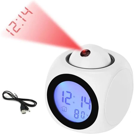 Digital vekkerklokke, projeksjonsvekkerklokke, med takvisning av tid, stemmemelding, temperaturvisning - hvit