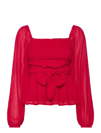 Square Neck L/S Georgette Blouse Red Bubbleroom