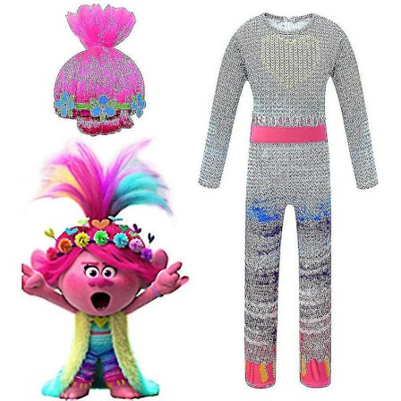 Trolls Poppy Kostume til Piger - Jumpsuit og Paryk