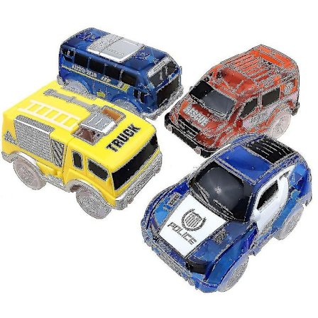 4 stk. Legetøjsbiler til sporbane med 5 blinkende LED-lys