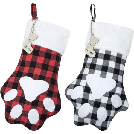 Julestrømper til kæledyr, 2-pak, bøffelternede julestrømper, 43 cm, hunde- og kattepoteaftryk, trykt kaminhylde_tfrf