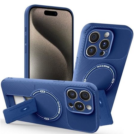 iPhone 15 Pro Case Kickstand Carbon Fiber Texture PC+TPU - Blue