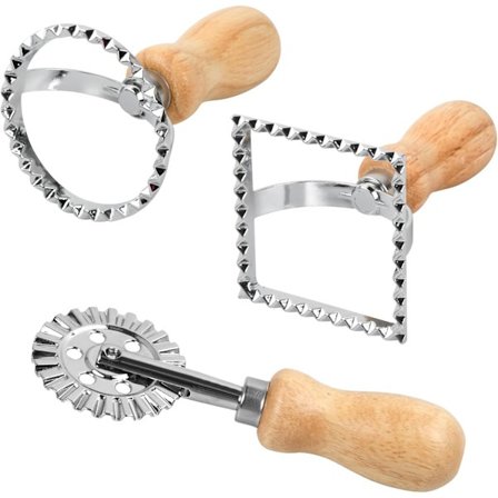 Ravioli Stempel, Firkantet Rund Ravioli Maker med Træhåndtag og Riflet Kant, Ravioli Maker med Pasta Rullehjulsæt