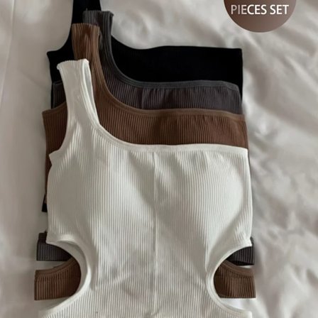 [Sort, Hvid, Grå, Khaki Fire-delt Sæt] Ny Sømløs Camisole med Fast Kop Latex Polstring, Formsyet Og Sexet til Overtøj Eller Lagdeling.