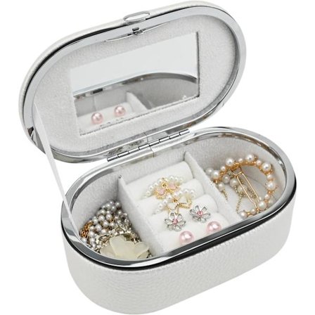 Rejse Smykkeæske med Spejl (Sølv), PU Læder Rejse Opbevaringsæske