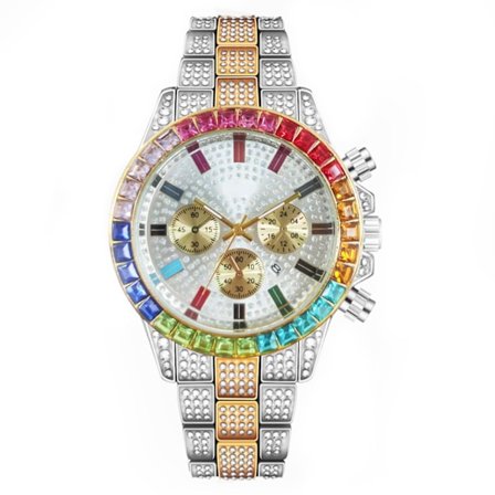 Quartz Ur Chronograph Guld Tone/Rainbow Rhinestone Diamanter