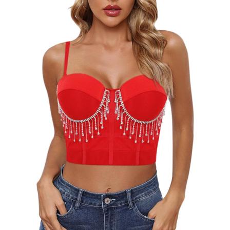 caela Dam Sexy Dragkedja Djup V-Hals Volang Korta Ärmar Tank Top Korsett Rave Club Crop Top Camisole Röd Tassel Medium