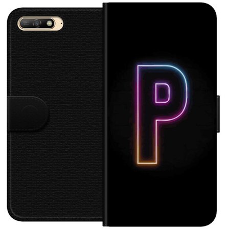 Kompatibel Tegnebogsetui til Huawei Huawei Y6 (2018) Minimalistisk neonbogstav P i farvegradient og lyseffekt mod sort baggrund i digital neonstil