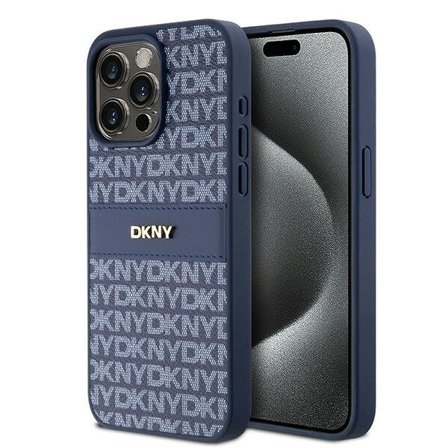DKNY lærveske med ensfarget stripe og metalllogo til iPhone 15 Pro Max - blå
