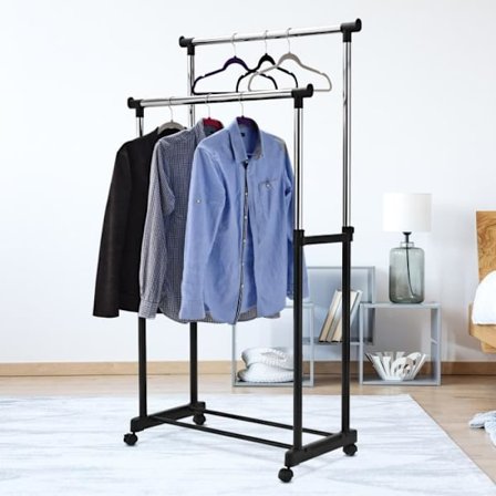 Vaateteline 2 tankoa teräspyörillä kenkähyllyllä 2 pyörää jarruilla säädettävä korkeus 86x43x168cm