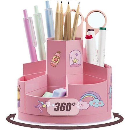 360° Roterbart Pennställ, Kreativ Pennburk, Skrivbordsorganisatör, med 1 Tecknad Klistermärke, med 7 Fack (Rosa)