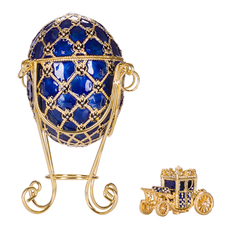 Faberge stil Kejserligt kronings æg Smykkeskrin med vogn 19 cm blå