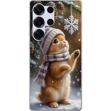 Kompatibelt Mobildeksel til Samsung Samsung Galaxy S25 Ultra Vinterkanin med lue og skjerf som beundrer en snøflak, et varmt og sjarmtfullt vintermot