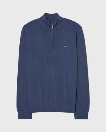 Lexington Bomull halvzip stickad tröja, mellanblå